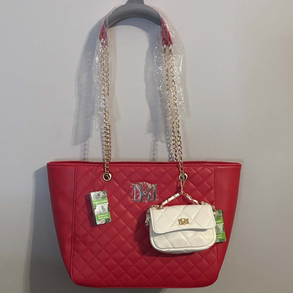 Badgley Mischa Red Quilted Tote with Gold Accents & Mini White Purse Charm